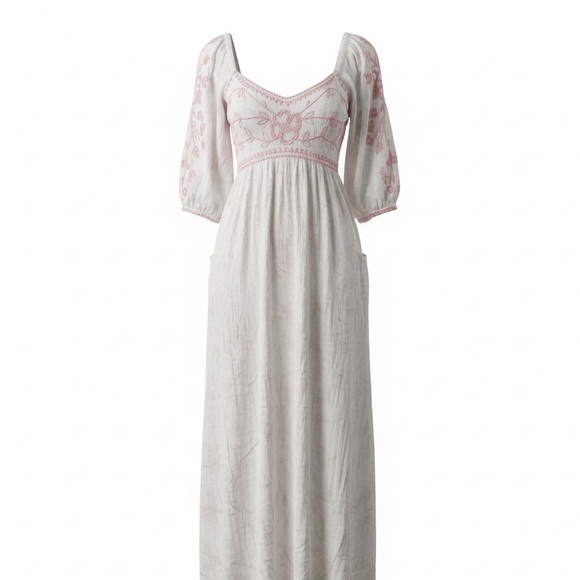 Free People Wedgewood Off-Shoulder Maxi Dress with Pink Embroidery - Picture 3 of 8
